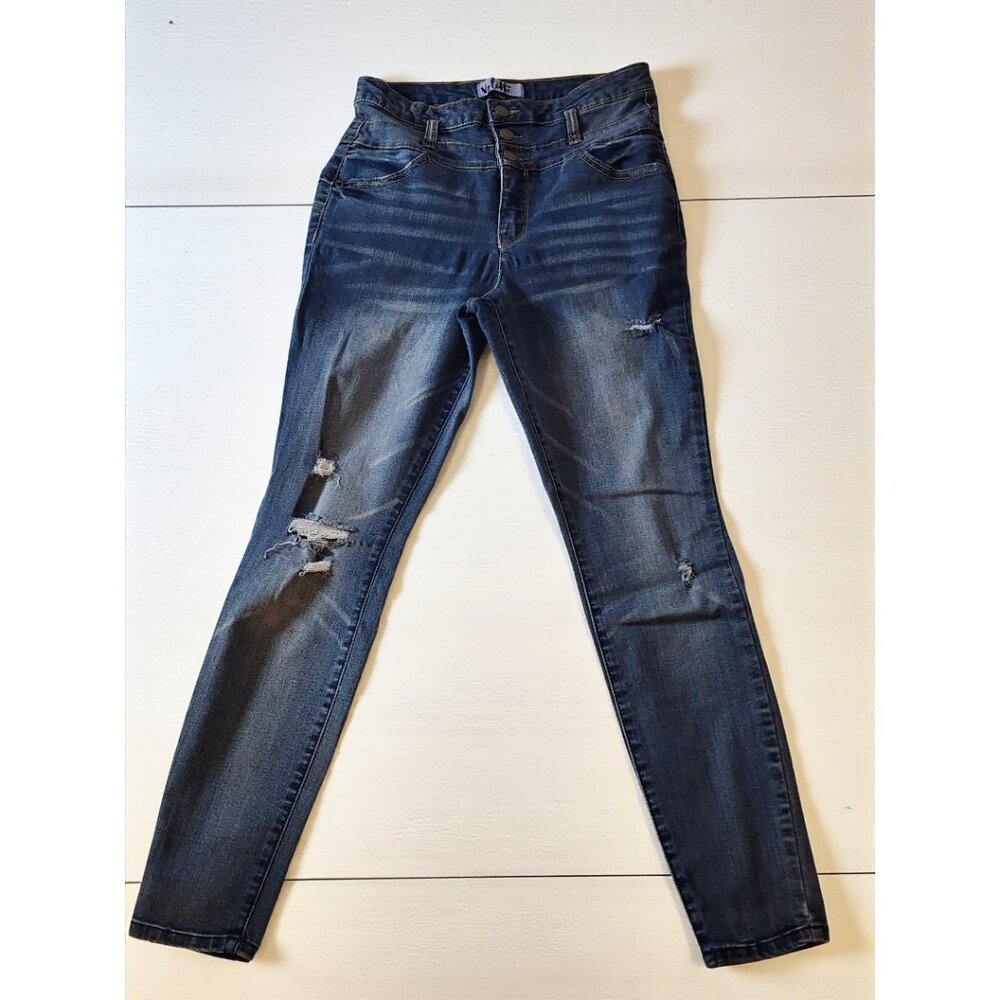 Vylette High Rise Skinny Jeans Distressed Denim Triple Button Waist Size 7 /28W